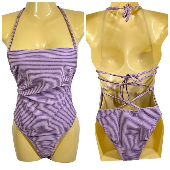 ASOS METALLIC PINSTRIPE STRAPPY LACE UP BACK ONE PIECE SWIMSUIT 4‎ - Picture 1 of 5